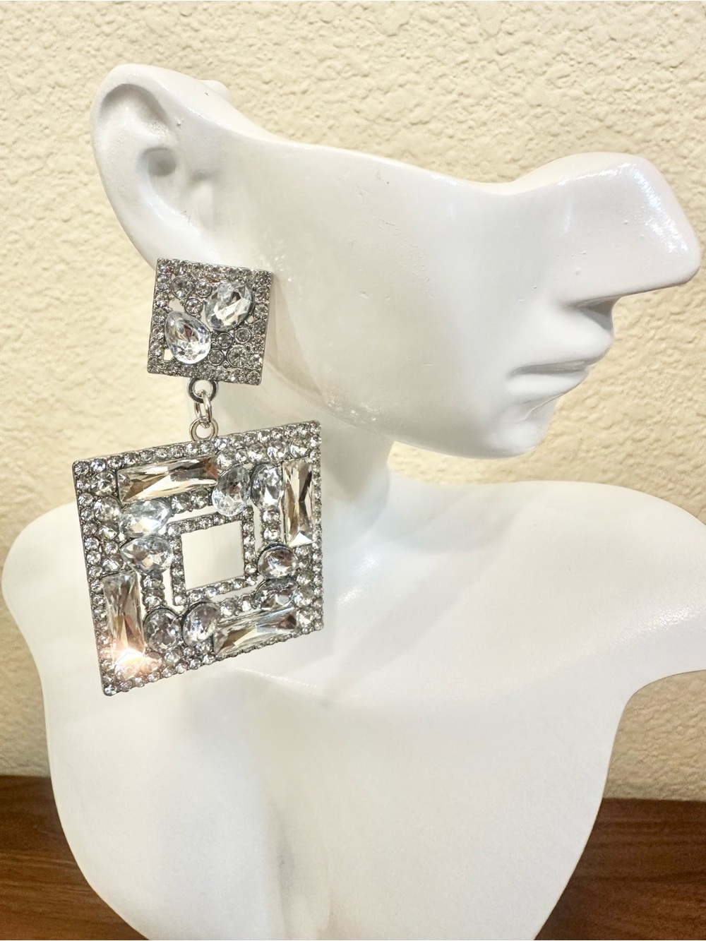 Silver-Tone Clear Crystal Square Drop Earrings
